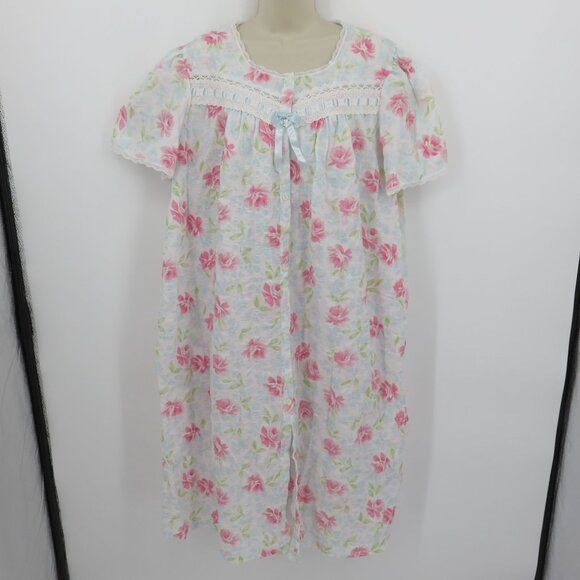 VTG Carriage Court Women XL Sleep Dress Short Sleeve Coverup Robe Pink Flowers - Picture 3 of 16